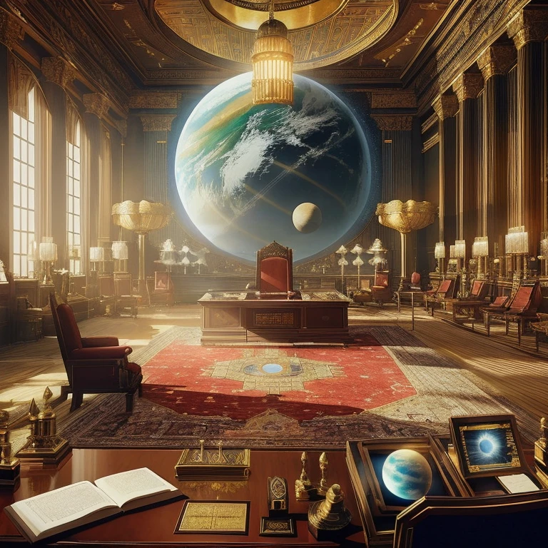 (science-fiction, Planet Terasinia, solar system Luxor,solar system Luxor, Best Quality, 8K, Masterpiece :1.2) Emperor's office, A room with a desk, table with 3D virtual map, red and gold carpet, interior of the Emperor's personal office, Action in the office, room with chandelier and fireplace, Castle Library, Inside the Castle Library, in a luxurious library, Large Library, Interior, Interior cabinet, Interior view, There are several screen monitors on the walls, monitor screen with news, monitor-screen with economic situations Beitoniy, Screen with political situation, world news screen, screen with military political situation, Huge office, Interior cabinet, Large Spatial Room, office, Emperor's office in the Louvre, Interior of the emperor's office, offices