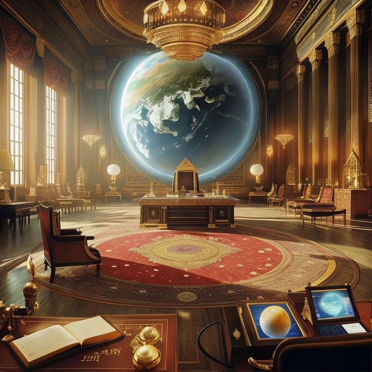 (science-fiction, Planet Terasinia, solar system Luxor,solar system Luxor, Best Quality, 8K, Masterpiece :1.2) Emperor&#39;s office, A room with a desk, table with 3D virtual map, red and gold carpet, interior of the Emperor&#39;s personal office, Action in the office, room with chandelier and fireplace, Castle Library, Inside the Castle Library, in a luxurious library, Large Library, Interior, Interior cabinet, Interior view, There are several screen monitors on the walls, monitor screen with news, monitor-screen with economic situations Beitoniy, Screen with political situation, world news screen, screen with military political situation, Huge office, Interior cabinet, Large Spatial Room, office, Emperor&#39;s office in the Louvre, Interior of the emperor&#39;s office, offices