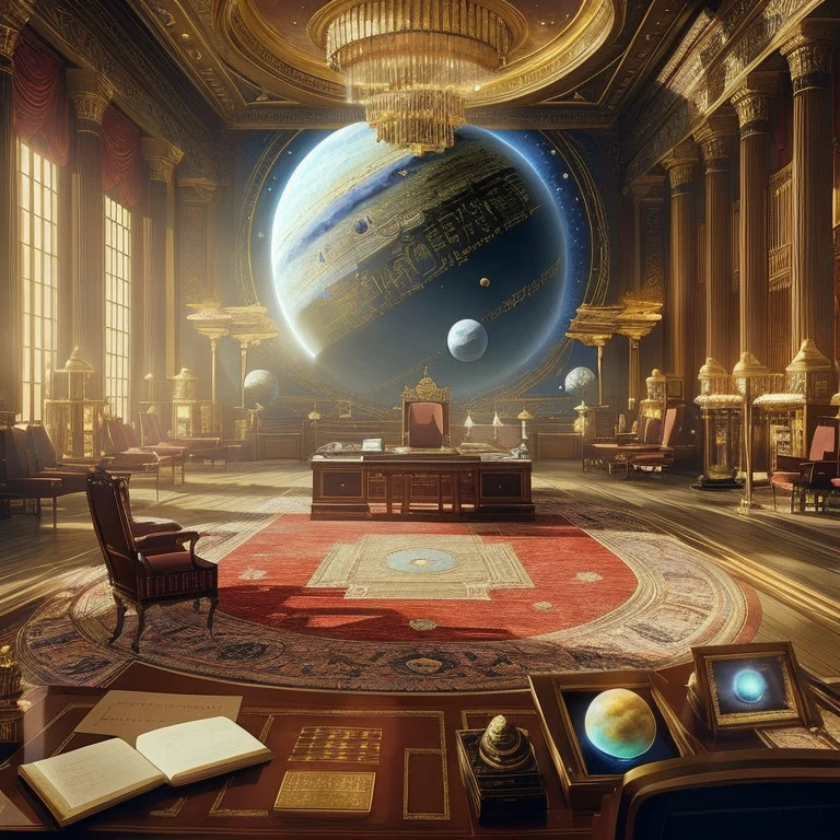 (science-fiction, Planet Terasinia, solar system Luxor,solar system Luxor, Best Quality, 8K, Masterpiece :1.2) Emperor&#39;s office, A room with a desk, table with 3D virtual map, red and gold carpet, interior of the Emperor&#39;s personal office, Action in the office, room with chandelier and fireplace, Castle Library, Inside the Castle Library, in a luxurious library, Large Library, Interior, Interior cabinet, Interior view, There are several screen monitors on the walls, monitor screen with news, monitor-screen with economic situations Beitoniy, Screen with political situation, world news screen, screen with military political situation, Huge office, Interior cabinet, Large Spatial Room, office, Emperor&#39;s office in the Louvre, Interior of the emperor&#39;s office, offices
