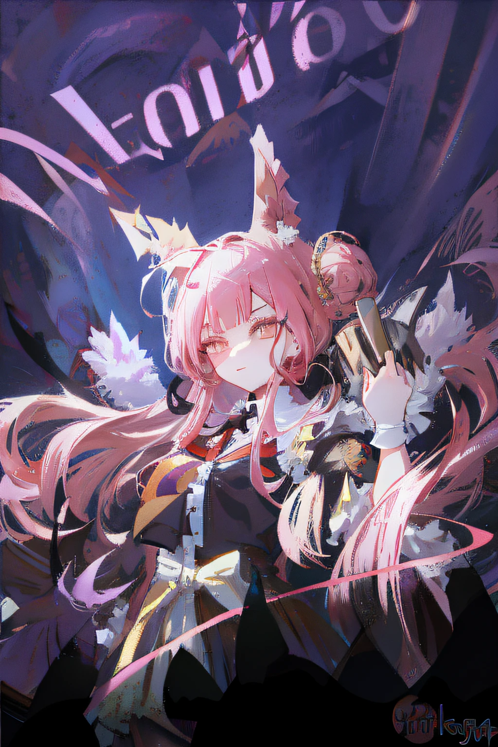 Anime girl with long hair and ears holding a knife, Starting from the night of the ark, nightcore, arknight, Mika Kurai Devil, Anime cute art style, Pixiv Contest Winner, portrait of the magical girl, digital art from danganronpa, Demon anime girl, Holographic wolf girl, Official artwork, Translucent fluid flowing from the《Azure route》videogame