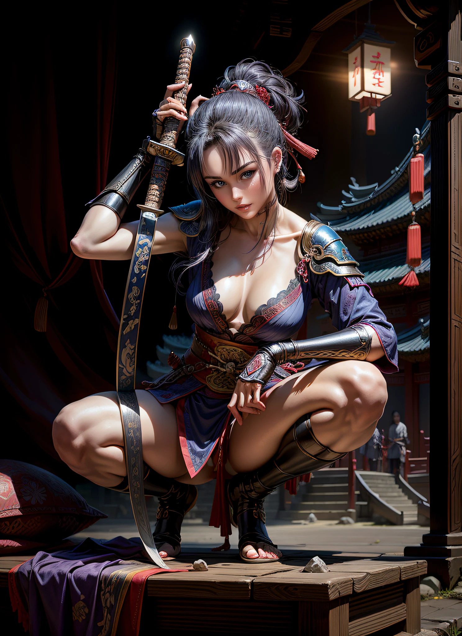 female warrior in a Japanese warrior costume holds a katana in her hands, posing with a sword, unsheathing her katana, beatiful face, light blue glowing eyes, cold expression, Proud posture, straight chest, tied blue hair, she is holding a katana sword, Torn clothes, (( Chinese Tang Dynasty Palace in the background)), China, surrounded by cloud, Long-term perspective, China-style, Reddish purple tones, 8K, higly detailed, chiaroscuro, Depth of field, Stereograms, Гипер HD, Гипер HD, textured skin, Highly detailed in the style of Greg Rutkowski