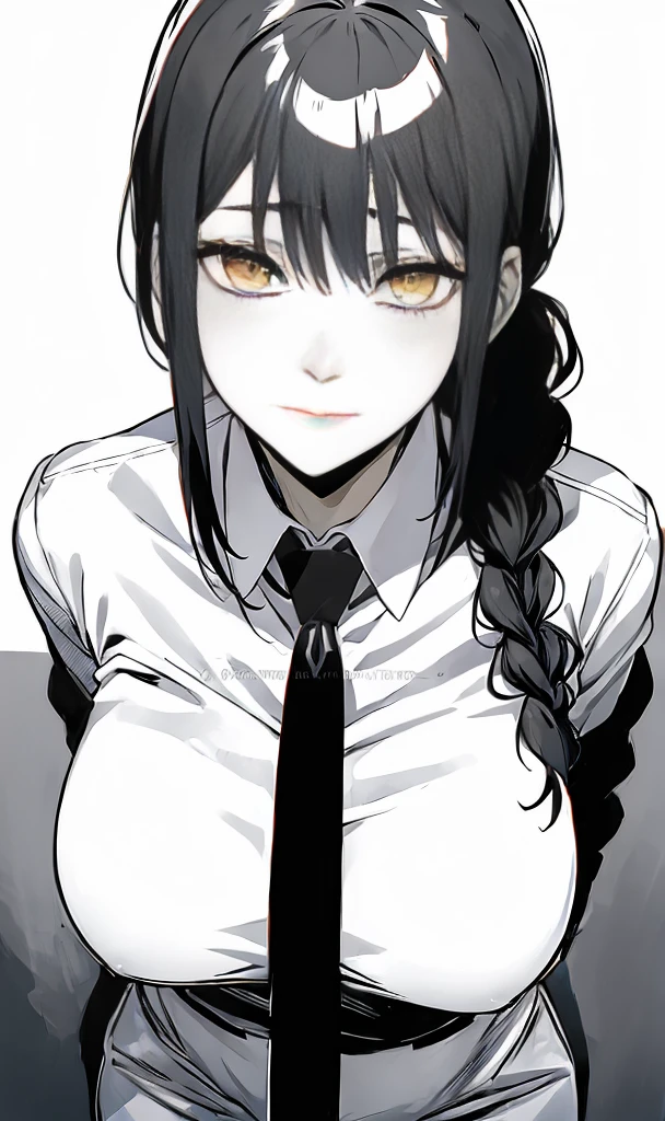 anime girl with long black hair and a white shirt and tie, akane owari danganronpa, gapmoe yandere, anime moe artstyle, beautiful anime high school girl, black anime pupils in her eyes, hinata hyuga, portrait gapmoe yandere grimdark, yandere. tall, (anime girl), portrait anime girl, with glowing yellow eyes