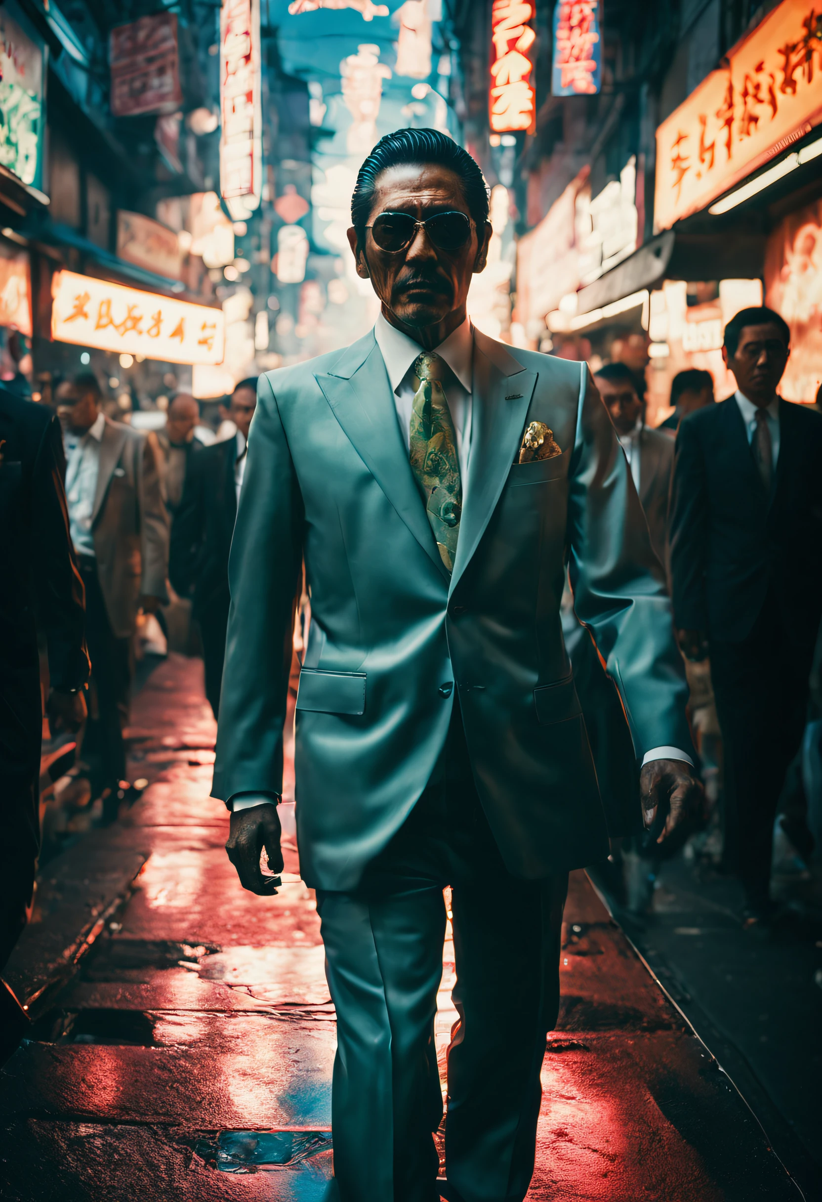 a double-exposure photograph of a yakuza in a luxury suit walking along and a street with neon signs, busy street, crowds, sproud, (sunny 4pm: 1.3), cinematic lighting, (double exposed: 1.4), camera flash light, (shutter drag: 1.5), motion bur, lens flare, (graflex speed graphic: 1.2), street photography, magnum, film grain, movie poster, Bruce Gilden style