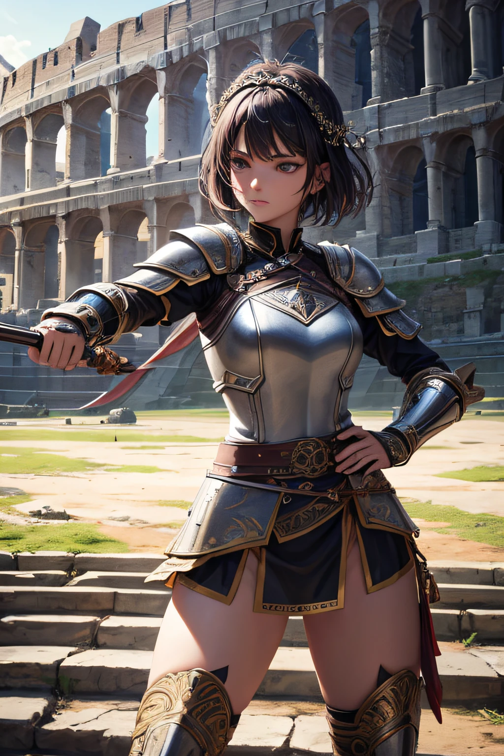 young teen girl, ancient rome warrior, evil look,,combat stance, wielding a spear and shield, ancient roman armor, highly detailed, ancient colloseum in background, short hair, vibrant appearance, creative behavior, extremly detailed, imaginative, sensual, spontaneous, highest quality, skin texture, intricate details, (cinematic lighting), RAW photo, 8k, masterpiece,best quality,ultra-detailed,very detailed illustrations,extremely detailed,intricate details,highres,super complex details,extremely detailed 8k cg wallpaper,