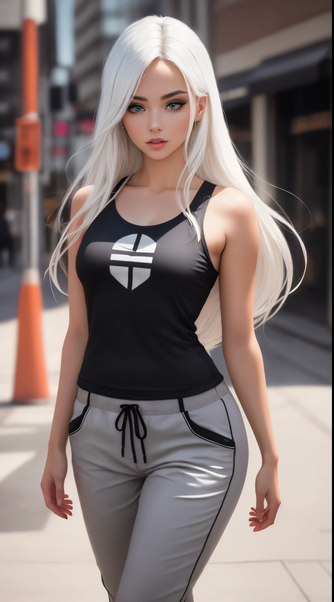 1girl called Sarah with long blonde white hair, colored flowing hair, long hairstyle, perfect detailed face, detailed symmetric green eyes with circular iris, beautiful, walking and posing, look at observer, 19 year old girl, looks like Madison Beer, extremely detailed face, model, realistic, real life, perfect photo realistic picture, realistic, curvy body, hourglass figure, stunning realistic photograph, detailed fingers, detailed realistic face, nice fingers, real human nails, extremely attractive girl, perfect detailed tanned skin, small eyes, perfect detailed face with realistic complexion and skin with small pores, small nose, photo-model, perfect posture, natural limbs, long legs, detailed symmetrical eyeballs, symmetrical eyes, realistic eyeballs, realistic detailed eyes, cute plump closed lips, makeup, no long neck, ideal proportional body, seductive gaze, looking in the direction of the viewer, captivating facial features, tall, two arms, two legs, one head, tiny breasts, realistic natural bodies, realistic shadows, mystical lighting, 8K, UHD, ((body facing the viewer, showing to camera)), “wide angle”, full-body shot, full pose, (photo studio white background), little seduce, cinematics light, Centered hipereallistic cover photo, awesome full color, cinematic, neoprene, behance contest winner, portrait featured on unsplash, stylized digital art, smooth, ultra high definition, wearing a white oversize t shirt and black joggers pants Acronym J36-S (t shirt only white color), black and white sneakers, instagram model, 80mm , urban streetwear , Realistic,round ass,realhands,urban techwear