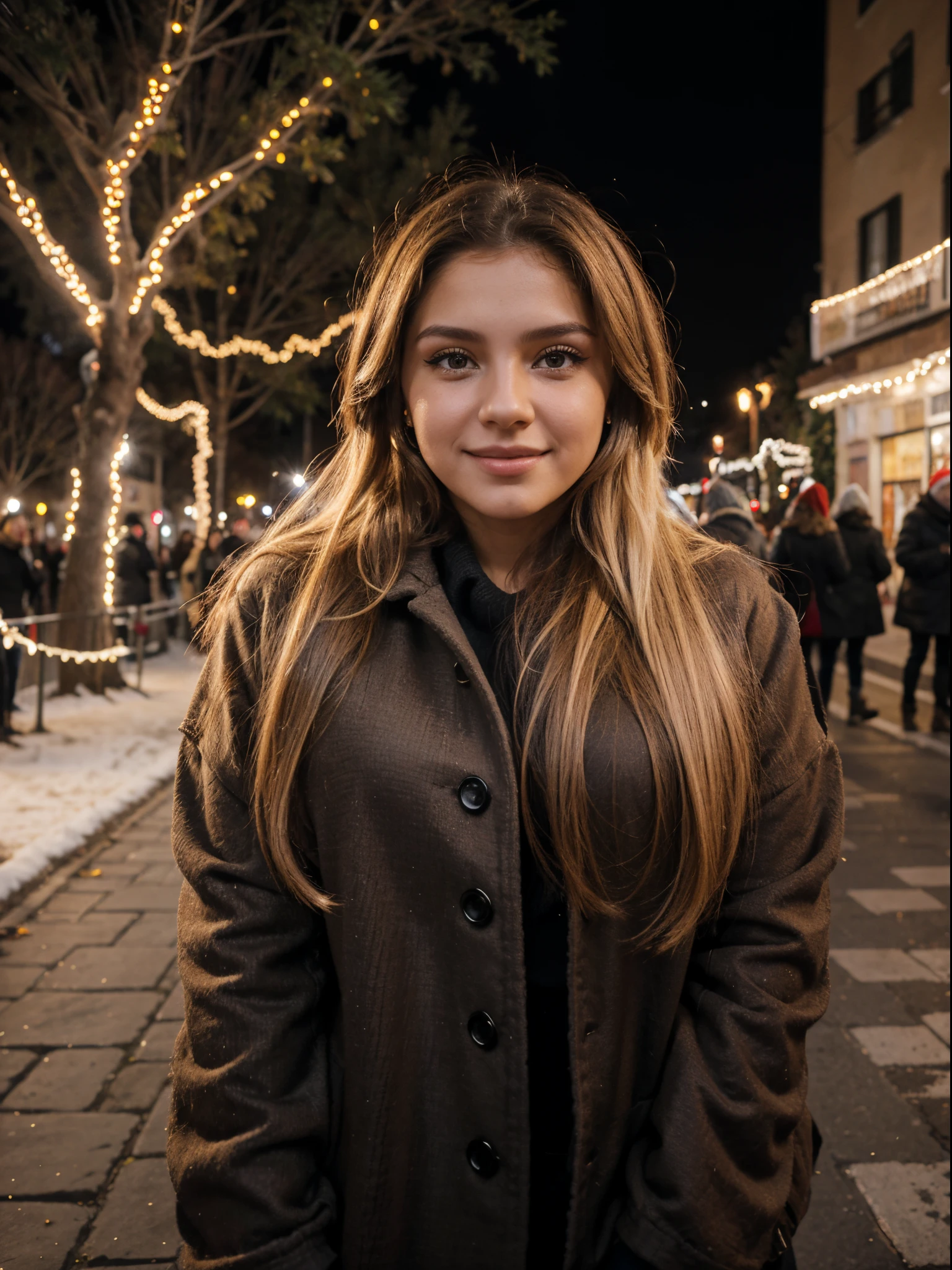 Mujer, 20 years old, Ruso, maquillaje, ojos ahumados, cabello rubio, cabello lacio, vistiendo ropa de moda de invierno, on a street with many people with Christmas decorations, retrato, Nostalgic, sonrisa coqueta