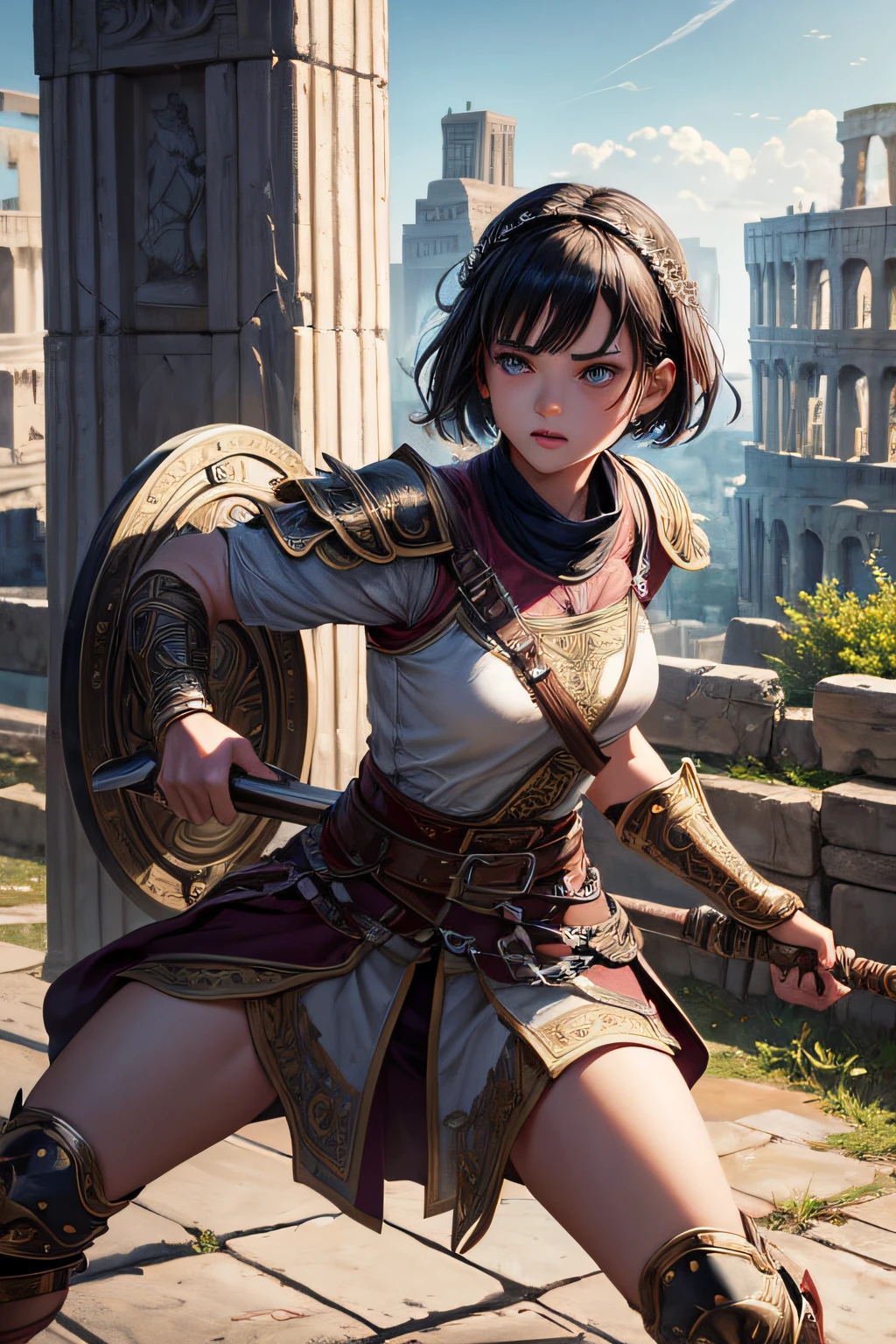 ***************, ancient rome warrior, evil look,,combat stance, wielding a spear and shield, ancient roman armor, highly detailed, ancient colloseum in background, short hair, vibrant appearance, creative behavior, extremly detailed, imaginative, sensual, spontaneous, highest quality, skin texture, intricate details, (cinematic lighting), RAW photo, 8k, masterpiece,best quality,ultra-detailed,very detailed illustrations,extremely detailed,intricate details,highres,super complex details,extremely detailed 8k cg wallpaper,