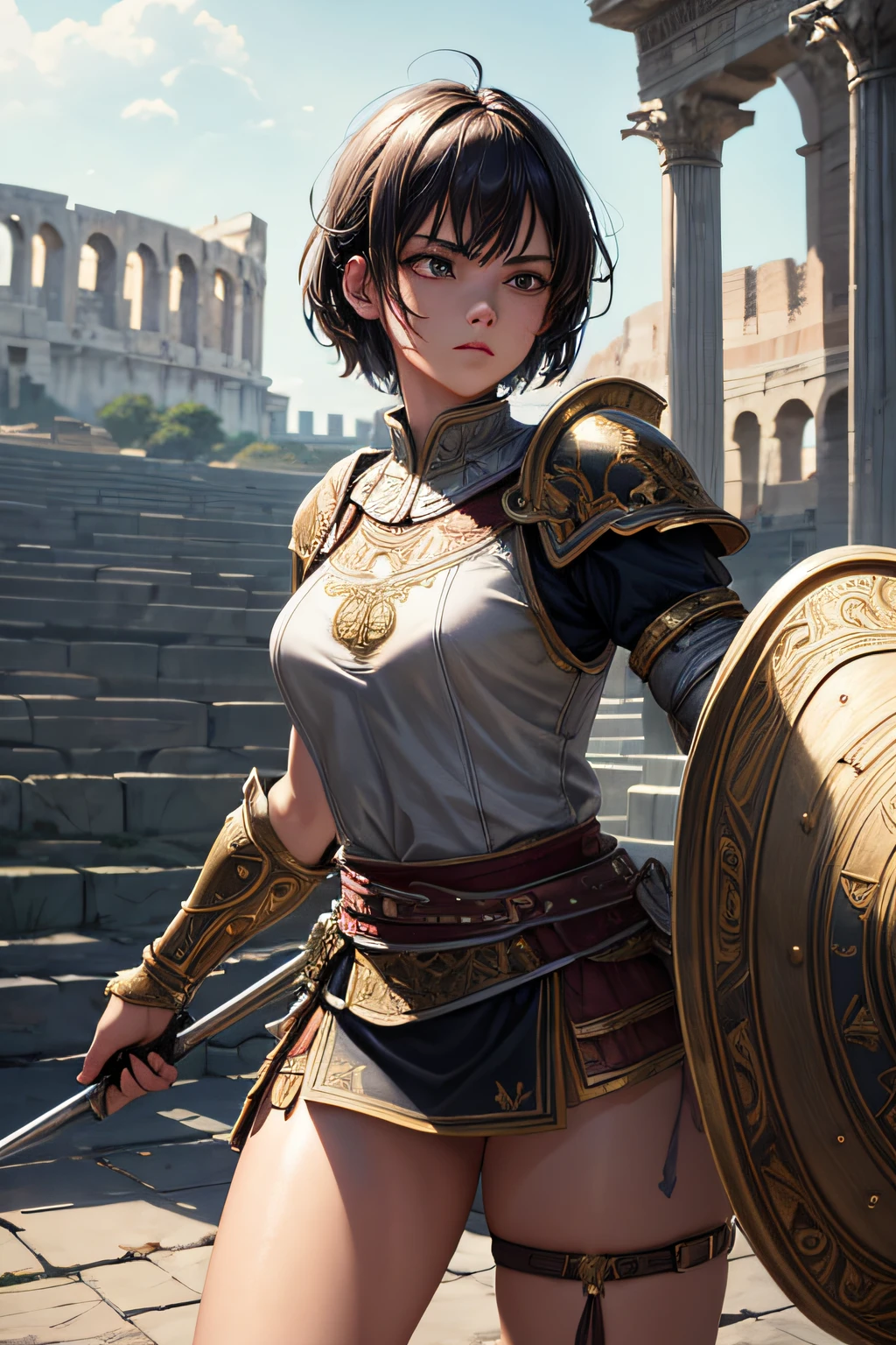, ancient rome warrior, evil look,,combat stance, wielding a spear and shield, ancient roman armor, highly detailed, ancient colloseum in background, short hair, vibrant appearance, creative behavior, extremly detailed, imaginative, sensual, spontaneous, highest quality, skin texture, intricate details, (cinematic lighting), RAW photo, 8k, masterpiece,best quality,ultra-detailed,very detailed illustrations,extremely detailed,intricate details,highres,super complex details,extremely detailed 8k cg wallpaper,