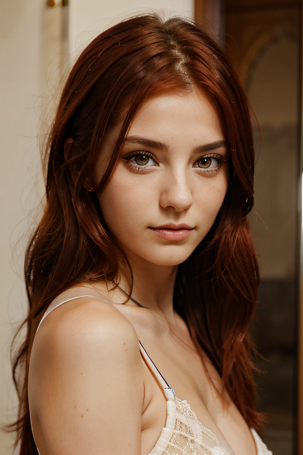 Photo oF a beautiFul greek goddess, .RAW, ((red hair with extra long curl), ((retrato)), (Detailed Face: 1.2)), (Detailed Facial Features)), Fair-skinned, corpo magro, ambiente do templo grego, detailed expressions, reFlections, Fotografado com uma lente de 50mm, F/2.8, HDR, (8k), (Movie Lighting) (dramatic lighting) ,(sharp Focus), elementos complexos