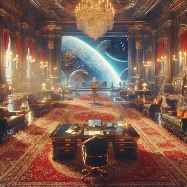(science-fiction, Planet Terasinia, solar system Luxor,solar system Luxor, Best Quality, 8K, Masterpiece :1.2) Emperor's office, A room with a desk, table with 3D virtual map, red and gold carpet, interior of the Emperor's personal office, Action in the office, room with chandelier and fireplace, Castle Library, Inside the Castle Library, in a luxurious library, Large Library, Interior, Interior cabinet, Interior view, There are several screen monitors on the walls, monitor screen with news, monitor-screen with economic situations Beitoniy, Screen with political situation, world news screen, screen with military political situation, Huge office, Interior cabinet, Large Spatial Room, office, Emperor's office in the Louvre, Interior of the emperor's office, offices