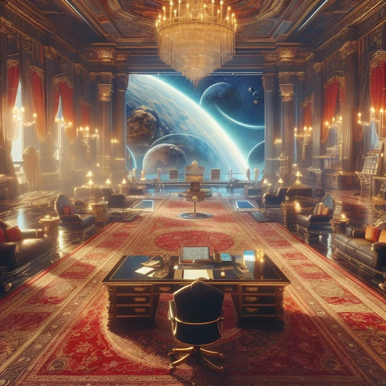 (science-fiction, Planet Terasinia, solar system Luxor,solar system Luxor, Best Quality, 8K, Masterpiece :1.2) Emperor's office, A room with a desk, table with 3D virtual map, red and gold carpet, interior of the Emperor's personal office, Action in the office, room with chandelier and fireplace, Castle Library, Inside the Castle Library, in a luxurious library, Large Library, Interior, Interior cabinet, Interior view, There are several screen monitors on the walls, monitor screen with news, monitor-screen with economic situations Beitoniy, Screen with political situation, world news screen, screen with military political situation, Huge office, Interior cabinet, Large Spatial Room, office, Emperor's office in the Louvre, Interior of the emperor's office, offices