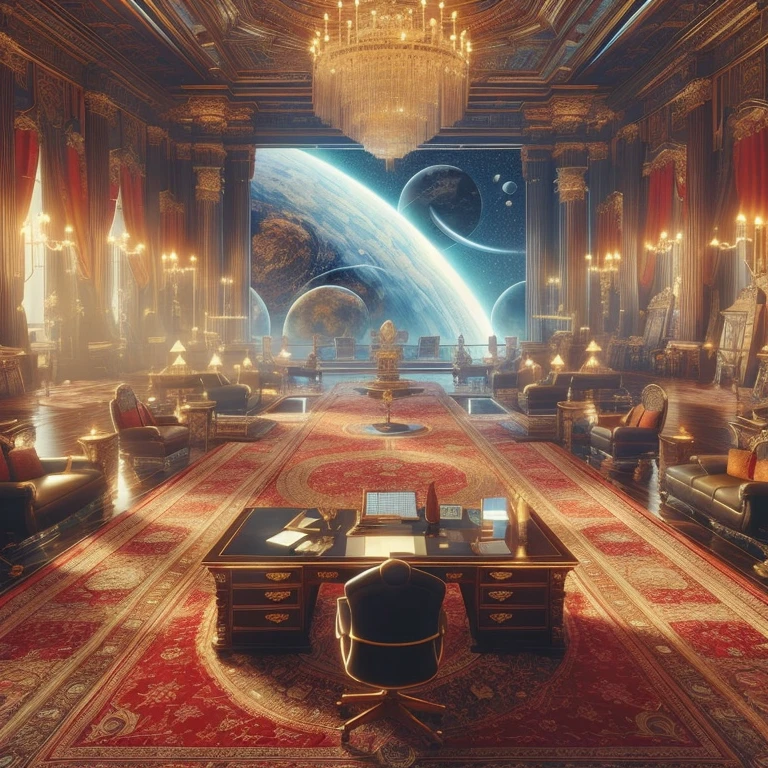 (science-fiction, Planet Terasinia, solar system Luxor,solar system Luxor, Best Quality, 8K, Masterpiece :1.2) Emperor's office, A room with a desk, table with 3D virtual map, red and gold carpet, interior of the Emperor's personal office, Action in the office, room with chandelier and fireplace, Castle Library, Inside the Castle Library, in a luxurious library, Large Library, Interior, Interior cabinet, Interior view, There are several screen monitors on the walls, monitor screen with news, monitor-screen with economic situations Beitoniy, Screen with political situation, world news screen, screen with military political situation, Huge office, Interior cabinet, Large Spatial Room, office, Emperor's office in the Louvre, Interior of the emperor's office, offices