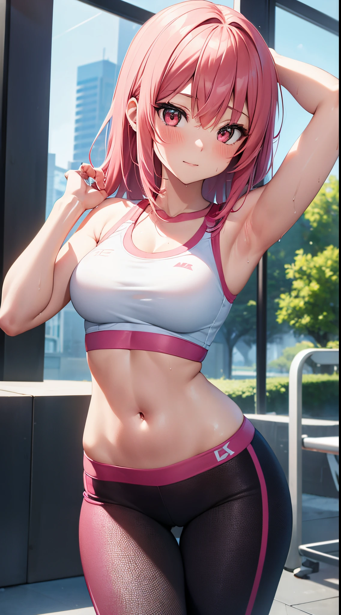 Girl, anime girl, solo, detailed face, detailed body render, high quality, highres, highly detailed, shoulder length pink hair, red eyes, blushing, sports bra, tight sports pants, expose midriff, midriff, navel, sexy, ideal body, wet body, at the gym, hands behind head, smooth belly