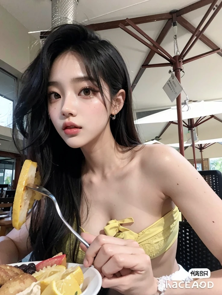 mulher de blusa amarela comendo comida em restaurante ao ar livre com guarda-chuvas, dilraba dilmurat, Ulzzang, Heonhwa Choe, Wenfei Ye, Gongbi, Mulher sul-coreana bonita, Sha Xi, menina coreana, Jinyoung Canela, linda mulher coreana jovem, jia, TaeJune Kim, Jisoo do Blackpink, Xintong Chen, jisoo do blackpink