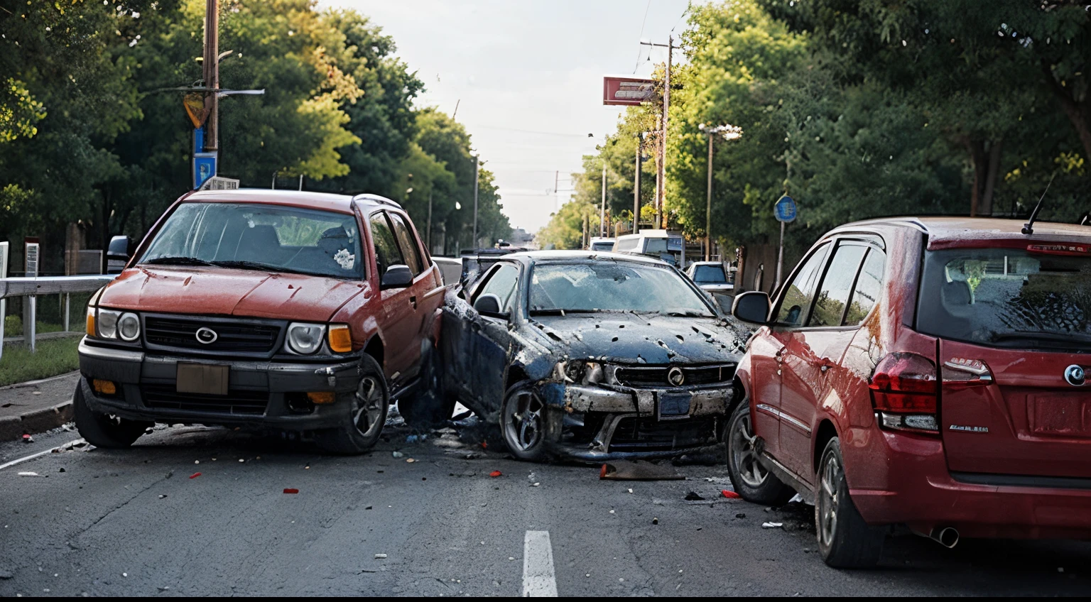 Vehicle severely damaged,collide,scroll,Red car hits blue car