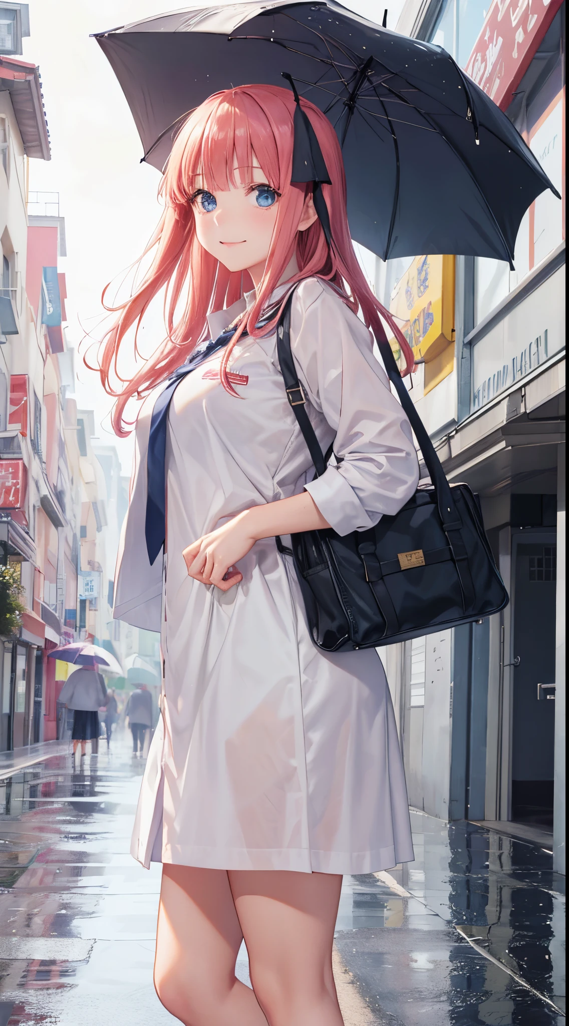 Nino Nakano sonriendo,uniforme escolar preparatoria,Rainy Day