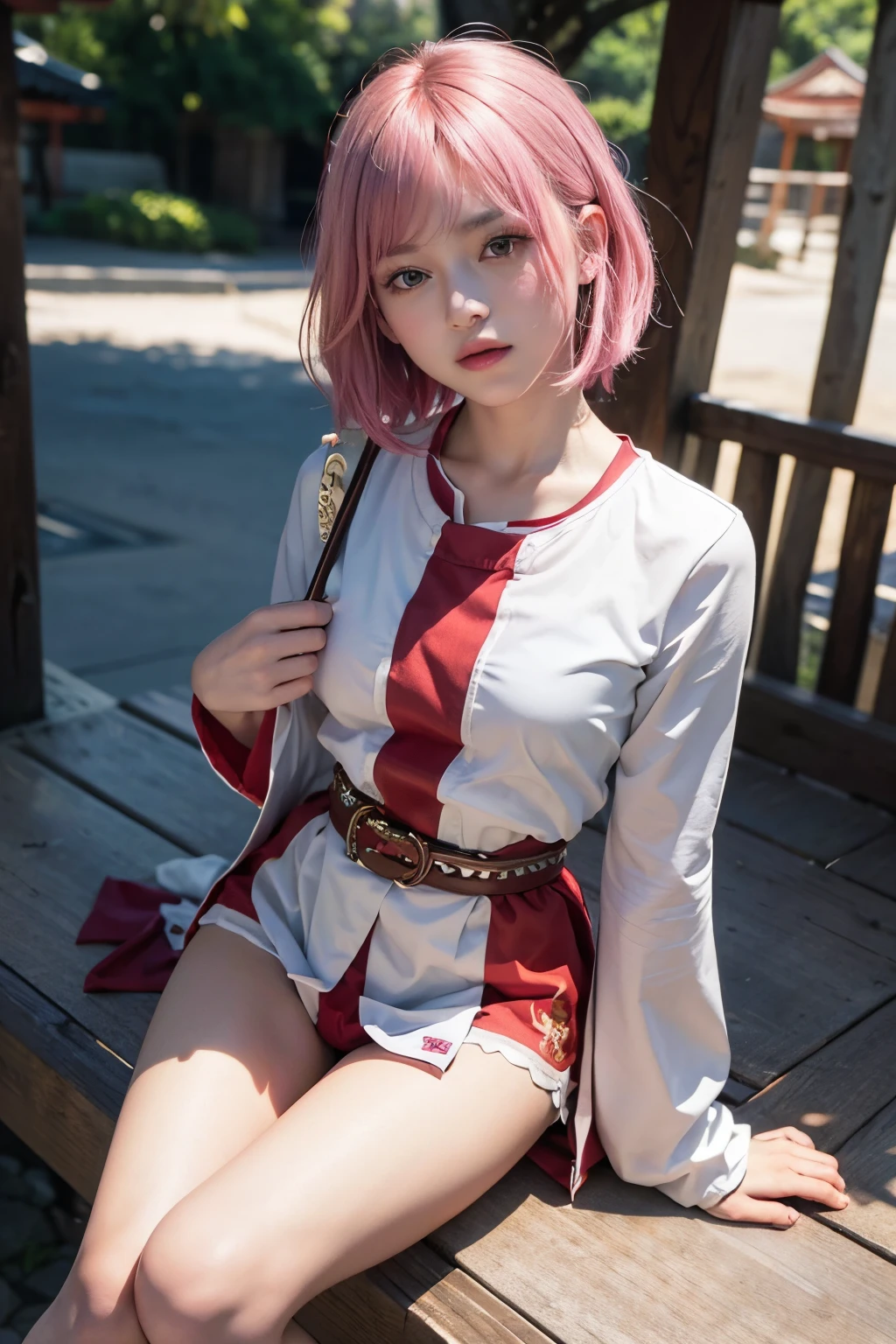 (8K, top-quality, masterpiece:1,2), (reallistic, Photorealsitic:1.37), Super Detail, One girl,), (Highly detailed), (beautifully detailed eyes), (of the highest quality), (super detailed ), (masterpiece), (Detailed face),20yr old, ,1 girl, full body, pink hair,Very short hair, medium breasts, clothed, Perfect Lighting, looking at viewer, aroused face, naughty face, miko clothes, ((miko)), Precincts, shrines, torii gates, white knee-high socks,