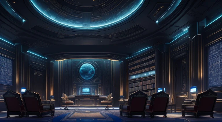 (science-fiction, Planet Terasinia, solar system Luxor,solar system Luxor, Best Quality, 8K, Masterpiece :1.2) Emperor's office, A room with a desk, table with 3D virtual map, red and gold carpet, interior of the Emperor's personal office, Action in the office, room with chandelier and fireplace, Castle Library, Inside the Castle Library, in a luxurious library, Large Library, Interior, Interior cabinet, Interior view, There are several screen monitors on the walls, monitor screen with news, monitor-screen with economic situations Beitoniy, Screen with political situation, world news screen, screen with military political situation, Huge office, Interior cabinet, Large Spatial Room, office, Emperor's office in the Louvre, Interior of the emperor's office, Offices There is a room with a sofa and chairs, A room with light, detailed matte paintings by senior environmental artists, 3D-визуализация, inspired by Sid Mead, Digital Art, Futuristic room, The interior is sci-fi, Sci-fi Hall, Futuristic interior, Sci-fi Engine Room Lounge, Futuristic setting, Octane rendering of science fiction, Cyberpunk bedroom at night, Futuristic room background, surreal sci fi set design, shutter, Futuristic, Futuristic Hall, Futuristic interior, Futuristic interior, sci-fi technology, Futuristic space, Futuristic room background, Futuristic volumetric lighting, Futuristic room