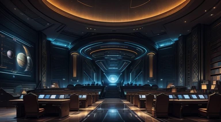 (science-fiction, Planet Terasinia, solar system Luxor,solar system Luxor, Best Quality, 8K, Masterpiece :1.2) Emperor's office, A room with a desk, table with 3D virtual map, red and gold carpet, interior of the Emperor's personal office, Action in the office, room with chandelier and fireplace, Castle Library, Inside the Castle Library, in a luxurious library, Large Library, Interior, Interior cabinet, Interior view, There are several screen monitors on the walls, monitor screen with news, monitor-screen with economic situations Beitoniy, Screen with political situation, world news screen, screen with military political situation, Huge office, Interior cabinet, Large Spatial Room, office, Emperor's office in the Louvre, Interior of the emperor's office, Offices There is a room with a sofa and chairs, A room with light, detailed matte paintings by senior environmental artists, 3D-визуализация, inspired by Sid Mead, Digital Art, Futuristic room, The interior is sci-fi, Sci-fi Hall, Futuristic interior, Sci-fi Engine Room Lounge, Futuristic setting, Octane rendering of science fiction, Cyberpunk bedroom at night, Futuristic room background, surreal sci fi set design, shutter, Futuristic, Futuristic Hall, Futuristic interior, Futuristic interior, sci-fi technology, Futuristic space, Futuristic room background, Futuristic volumetric lighting, Futuristic room