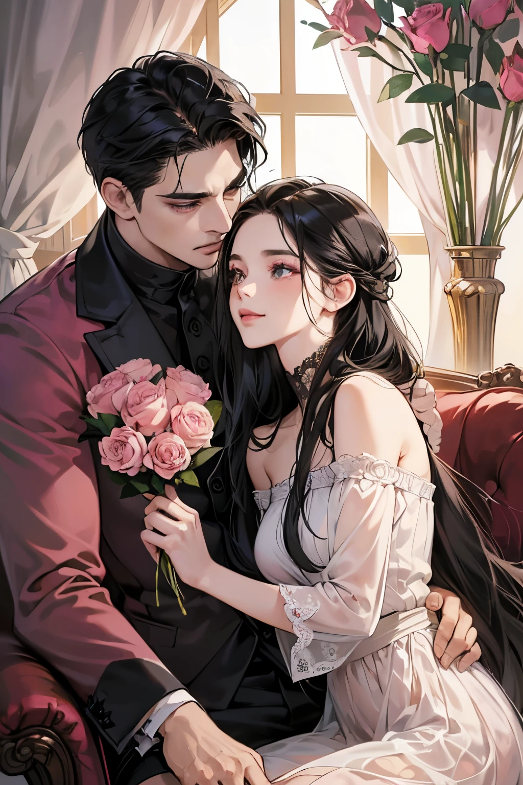 (masutepiece, Digital Art, Digital Illustration, 4K, 8K, Ultra-detailed, beautiful image, Sharp Image, Photorealistic, Raw photo, Perfect face, Perfect lines, Perfect eyes, Soft lighting) 1 woman, (Long Black Hair,straight haired,Bullish gaze,Beautie,ellegance,mode ,Onepiece,Solid makeup,23 y-o woman,small tits:1.3),Two handsome men in suits, (ember,Men in suits,well-muscled,Firm shoulder width, Man's,Boyish hairstyle,English gentlemanly style,Man in his 30s with a cool expression,28-year-old man with bright smile:1.2),Antique furnishings,Antique Clamps,Antique chair,chandeliers,Crystal Glass,Luxury,fantastical light,Marble fireplace,(embarrassed from,Shy smile,Bouquet of pink roses:1.2),Antique sofa,Leather sofa,Crying face,Crying in frustration,Beautiful tears、the kiss、kiss、a couple、couple kissing、Romance、ssex、Have 、Wet pubic area、insert 、、Overflowing、Full body painting,(One Girl And One Man,Having :1.5),(ember, Man's,Rubbing the girl's boobs:1.2),Cheek dyeing、gasping face、embarrassed、boredom、begging、Unhappy、Greedy expression,Wet pubic area、 xen、Open your crotch wide、Cowgirl、Fluttering chest、Wet shirt、Sheer black lace underwear、Underwear to take off、