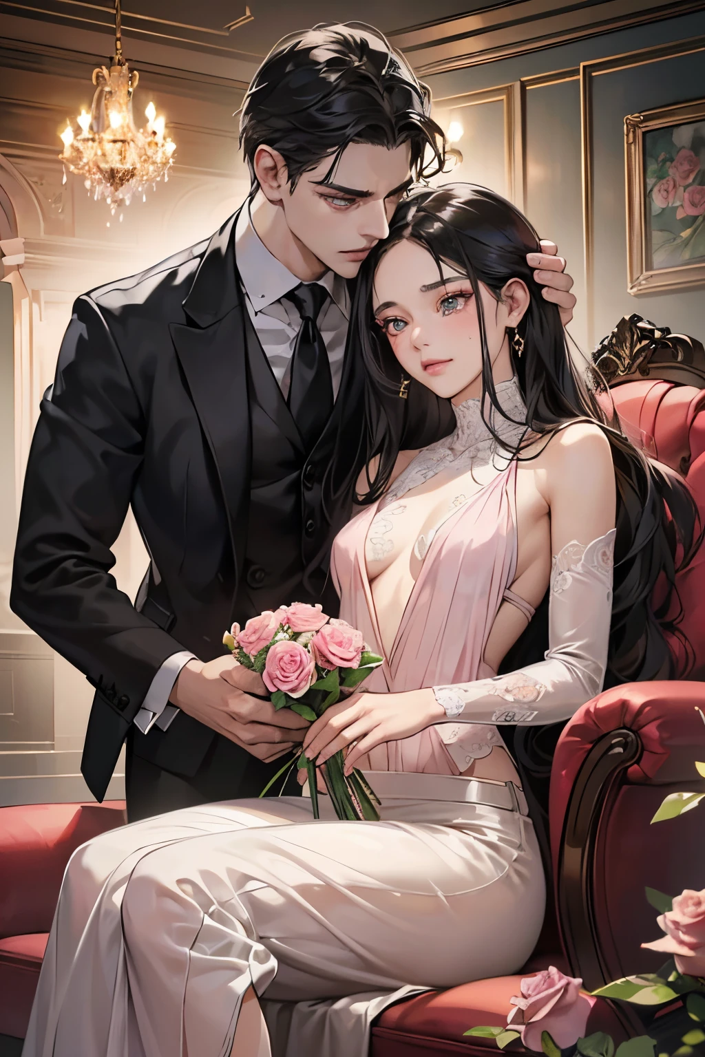 (masutepiece, Digital Art, Digital Illustration, 4K, 8K, Ultra-detailed, beautiful image, Sharp Image, Photorealistic, Raw photo, Perfect face, Perfect lines, Perfect eyes, Soft lighting) 1 woman, (Long Black Hair,straight haired,Bullish gaze,Beautie,ellegance,mode ,Onepiece,Solid makeup,23 y-o woman,small tits:1.3),Two handsome men in suits, (ember,Men in suits,well-muscled,Firm shoulder width, Man's,Boyish hairstyle,English gentlemanly style,Man in his 30s with a cool expression,28-year-old man with bright smile:1.2),Antique furnishings,Antique Clamps,Antique chair,chandeliers,Crystal Glass,Luxury,fantastical light,Marble fireplace,(embarrassed from,Shy smile,Bouquet of pink roses:1.2),Antique sofa,Leather sofa,Crying face,Crying in frustration,Beautiful tears、the kiss、kiss、a couple、couple kissing、Romance、ssex、Have 、Wet pubic area、insert 、、Overflowing、Full body painting,(One Girl And One Man,Having :1.5),(ember, Man's,Rubbing the girl's boobs:1.2),Cheek dyeing、gasping face、embarrassed、boredom、begging、Unhappy、Greedy expression,Wet pubic area、 xen、Open your crotch wide、Cowgirl、Fluttering chest、Wet shirt、Sheer black lace underwear、Underwear to take off、