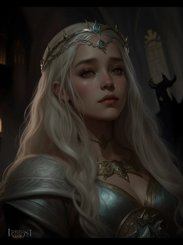 Un primer plano de una mujer con una corona en la cabeza, Retrato de una reina, fantasy concept art portrait, de la reina, Detailed Matte Fantasy Portrait, graphic artist magali villeneuve, Estilo de Juego de Tronos, Targaryen, ulzzang, maquillaje popular de Corea del sur