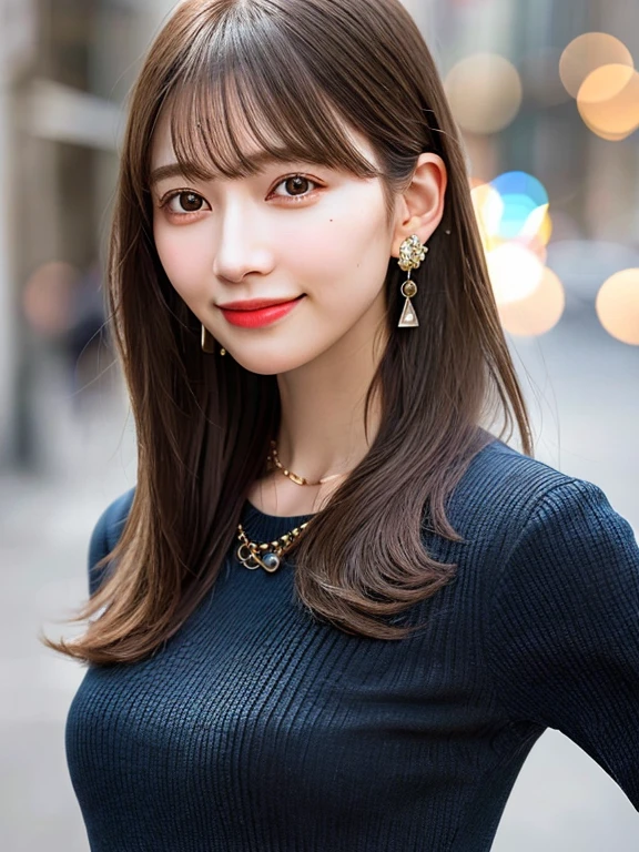 Top Quality, Realistic, 8K, Solo, Smile, Masterpiece, One Girl, Bokeh, Depth of Field, Professional Lighting, High Resolution, Gorgeous, Bangs, Lens Flare, Cute, Photorealistic : 1.37, Earrings, RAW Photography, Absurdity, Watching Viewer, Skindentation, Female, Full Body, Masterpiece: 1.2, Portrait: 0.6, Necklace, pureerosface_v1,　skinny, dynamic pose, mole, floating hair, lips