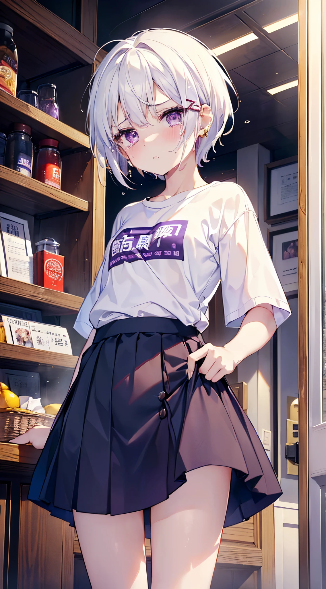 top-quality、masterpiece、8K、age19、shopping、Inside the restaurant、Lots of people in the background、、((White hair、hair pin、Chiquita、Short stature、glares:1.3、Kamimei、Frightened face、angry:1.3、、shed tears、hair pin、))、tshirts、skirt by the、Changing clothes、Undressing、White underwear、Looking into the distance、((Very boyish、very short-haired、small and tight hair、Purple eyes))、Skinny Legs、Cute nipples、hair pin、((lift skirt myself、Show yourself your underwear))、red blush、