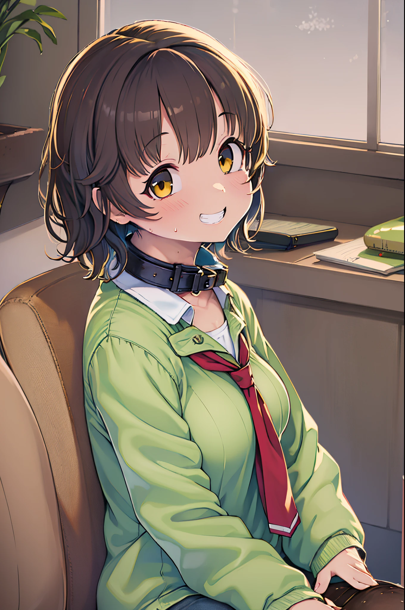 masutepiece, Highest Quality, Best Quality, 1girl in, Solo, Looking at Viewer, , Rin Tezuka, (Amputee without arms:1.2), Brown hair, Collar, Collared shirt, (Double amputee:1.2), Green eyes, Katawa Girl, red necktie, Shirt, Short hair, Solo, White shirt,  lozhkin, grin, accurate teeth with gaps