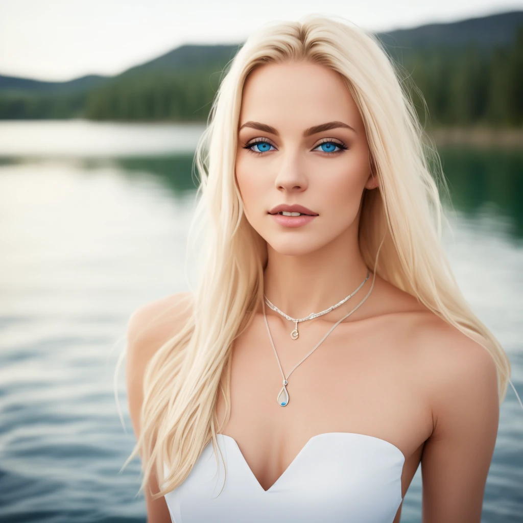 blond woman with realistic blue eyes, black dress posing innocently in front of a body of water, a beautiful nordic woman, inspired by Louisa Matthíasdóttir, a perfect white-haired queenlike beauty, a luxurious female model with, an addictive aura. C-cup breasts.