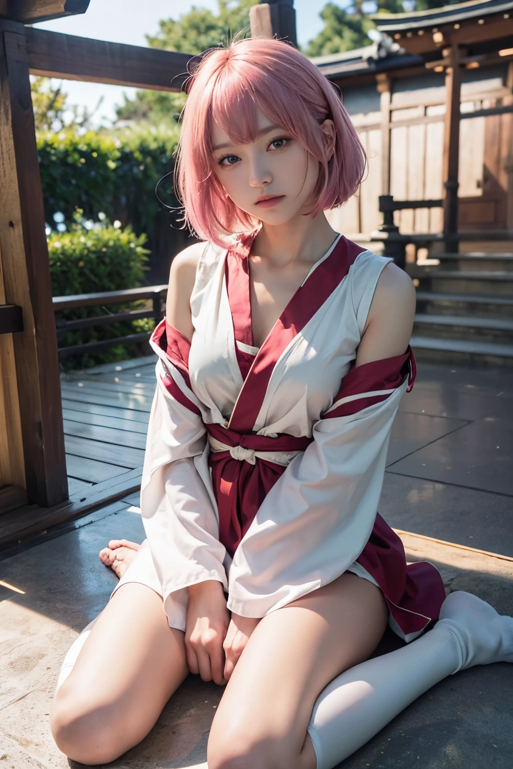 (8K, top-quality, masterpiece:1,2), (reallistic, Photorealsitic:1.37), Super Detail, One girl,), (Highly detailed), (beautifully detailed eyes), (of the highest quality), (super detailed ), (masterpiece), (Detailed face),20yr old, ,1 girl, full body, pink hair,Very short hair, medium breasts, clothed, Perfect Lighting, looking at viewer, aroused face, miko clothes, ((miko)), Precincts, shrines, torii gates, white knee-high socks,