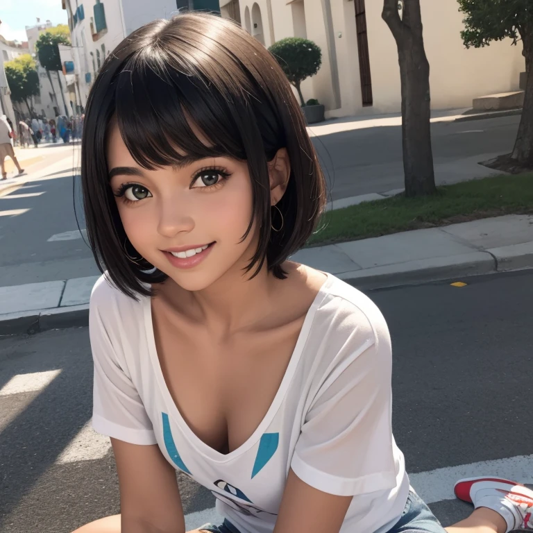 hemosa chica adolesente morena , hermosa chica latina, 15 years ,una mujer joven con cabello corto negro , cabello corto hasta los hombros, ojos verdes, pelo corto hasta los hombros, ella esta sola en la plaza, Es de noche, pecas en mejillas , usa una playera blanca de manga corta con imagen de estrella, plauera blanca con imahen de estrella , falda negra , linda falda negra  , calcetas blancas , tenis verdes , linda sonrisa , maquillaje ,con una gran cantidad de detalles, Best Cinematography, obra maestra, luz cinematografica, sonriente, feliz, cuerpo completo , fuera de escuela , tlh , stella