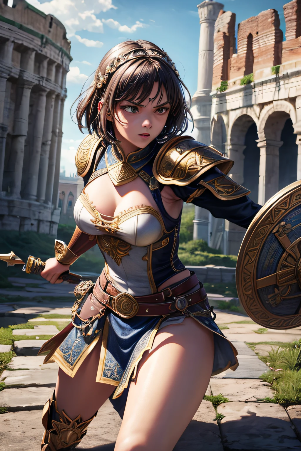 , ancient rome gladiator, evil look,,combat stance, wielding a spear and shield, ancient gladiator armor, highly detailed, ancient colloseum in background, short hair, vibrant appearance, creative behavior, extremly detailed, imaginative, sensual, spontaneous, highest quality, skin texture, intricate details, (cinematic lighting), RAW photo, 8k, masterpiece,best quality,ultra-detailed,very detailed illustrations,extremely detailed,intricate details,highres,super complex details,extremely detailed 8k cg wallpaper,