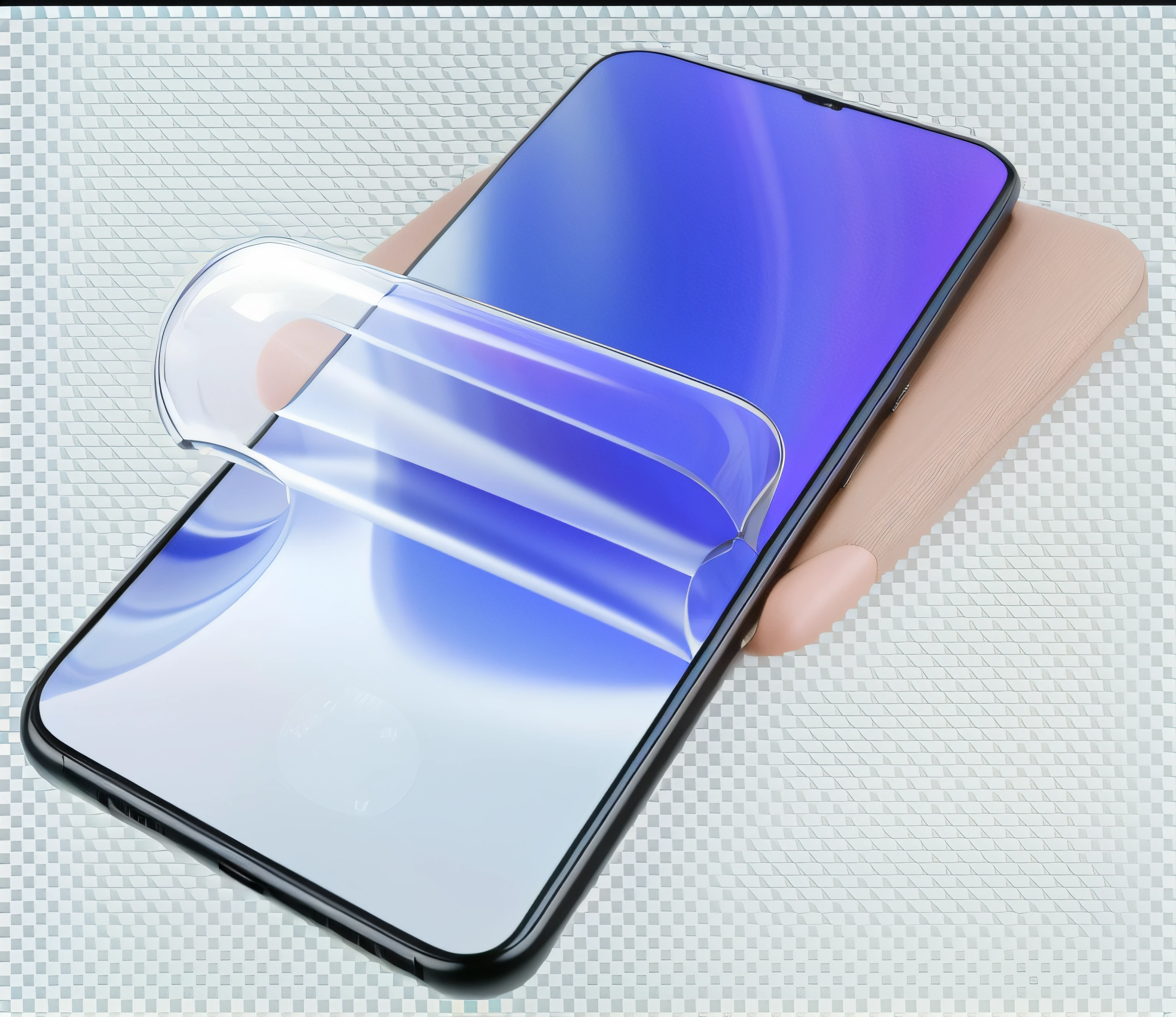 A closeup of a hand holding a phone with a glass screen, mano debe percibirse como real, esquinas redondeadas, detallado, slick design, Alta calidad realista, Superficie brillante, 3D realista de alta calidad, Material ultra claro, smooth technology, detallado y realista, Limpio, Suave, crisp lines, ( ultra realista, Textura suave y limpia, Altamente detallado y realista, 360*, Aspecto muy realista, Superficie lisa
