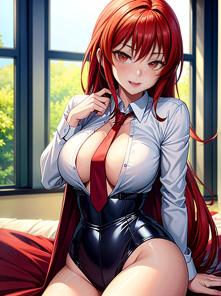anime girl with red hair and a tie posing for a picture, seductive anime girl, rias gremory, (sfw) safe for work, 4 k manga wallpaper, badass anime 8 k, with a large breasts, makoto shinka, asuka suit under clothes!, best anime 4k konachan wallpaper, 4k anime wallpaper, smooth anime cg art