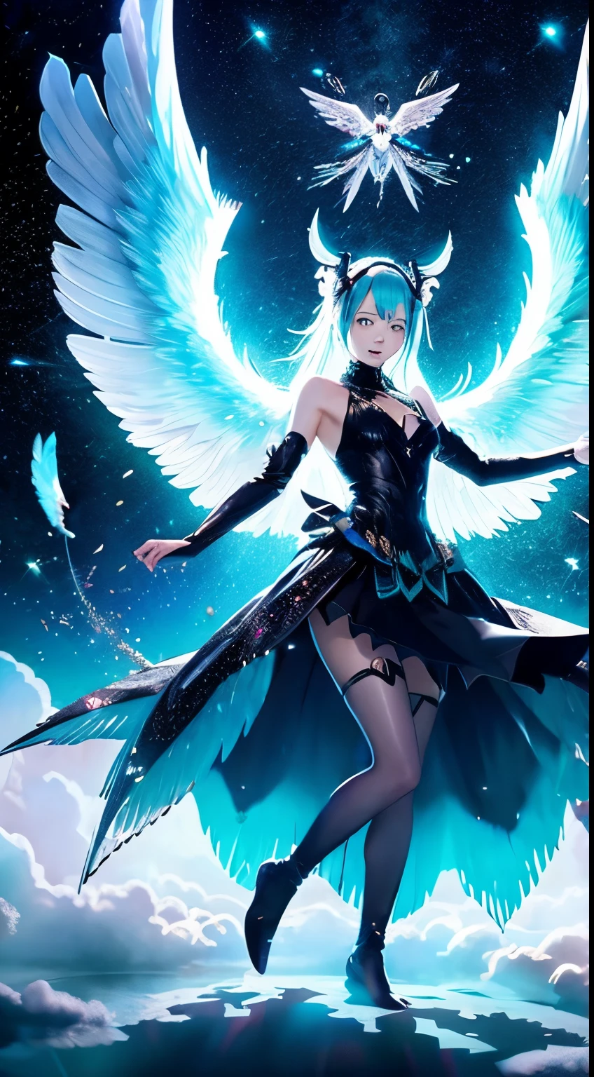 One girl, Lilaeville, Blue Hair, blue eyes, short hair, Black capelet, skirt, White Pantyhose, Blue Devil Wings, Blue glasses, For the mini,, indoor, Retreat, Multiple computer monitors, phantom thief Retreat,, ,