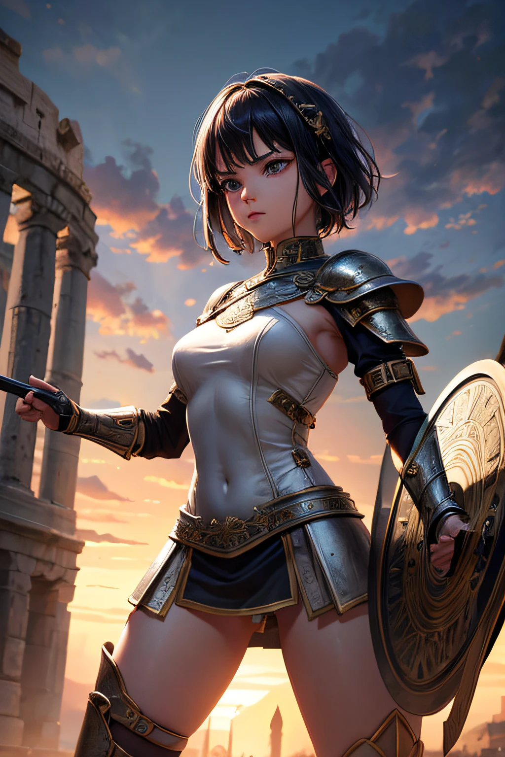, ancient rome gladiator, evil look,,combat stance, wielding a spear and shield, ancient gladiator armor, highly detailed, ancient colloseum in background, short hair, vibrant appearance, creative behavior, extremly detailed, imaginative, sensual, spontaneous, highest quality, skin texture, intricate details, (cinematic lighting), RAW photo, 8k, masterpiece,best quality,ultra-detailed,very detailed illustrations,extremely detailed,intricate details,highres,super complex details,extremely detailed 8k cg wallpaper,