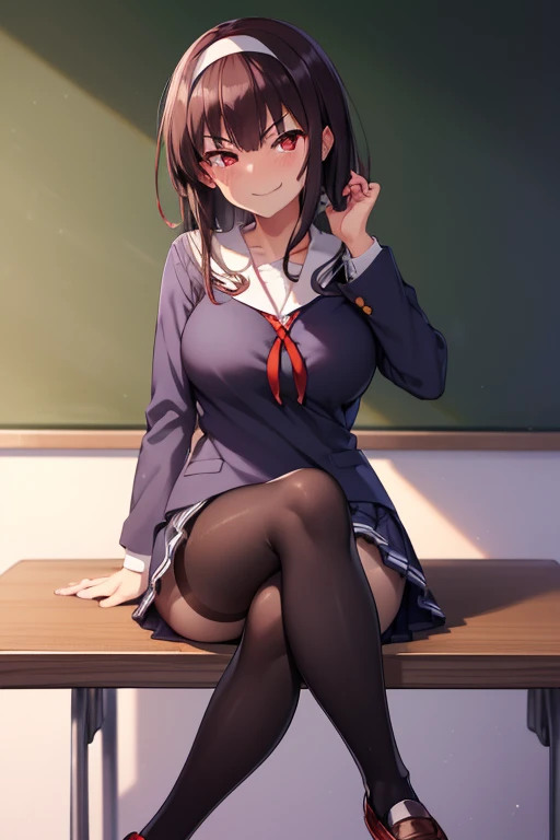 kasumigaokautaha, ((full body)), ((full pose)) utaha kasumigaoka, black hair, hairband, short hair, (red eyes:1.5), masterpiece, best quality, highres, kasumigaoka utaha, 1girl, solo, ((sitting on table)), ((crossed legs)), ((school shoes:1.4)), long sleeves, school uniform, skirt, pantyhose, medium breasts, blushing, black hair, hairband, red eyes, ((white hairband)), bangs, medium breasts, blushing, ((smug face:1.4)), cowboy shot, ((looking at viever)), school background,