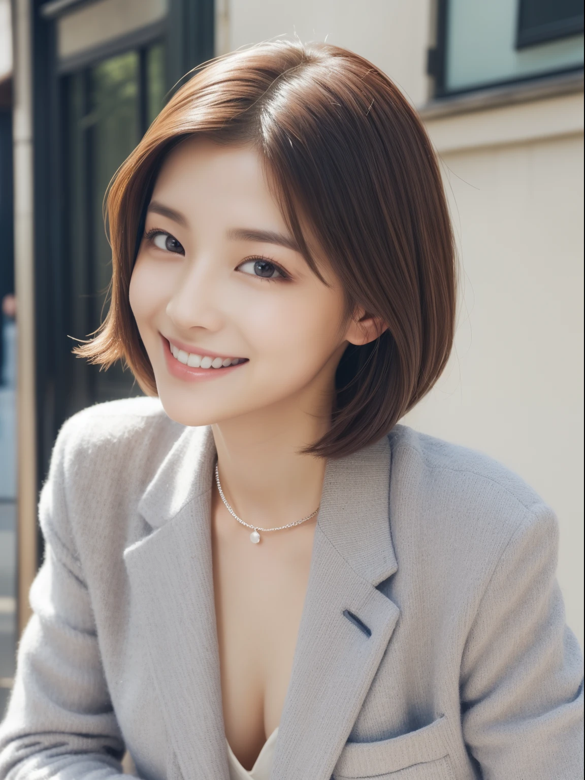 realistic light,natural light,white background,최고 quality、8 thousand、32,000、masterpiece、uhd:1.2) quality, primitive photorealism, laugh, Beautiful girl, cute, Short hair, depth of field, high resolution, ultra detail, Highly detailed eyes and face,small eyes,Short hair,short cut,short hair,Ivory Jacket,Real picture, Sense of presence, Girlish,Lovely, smile
