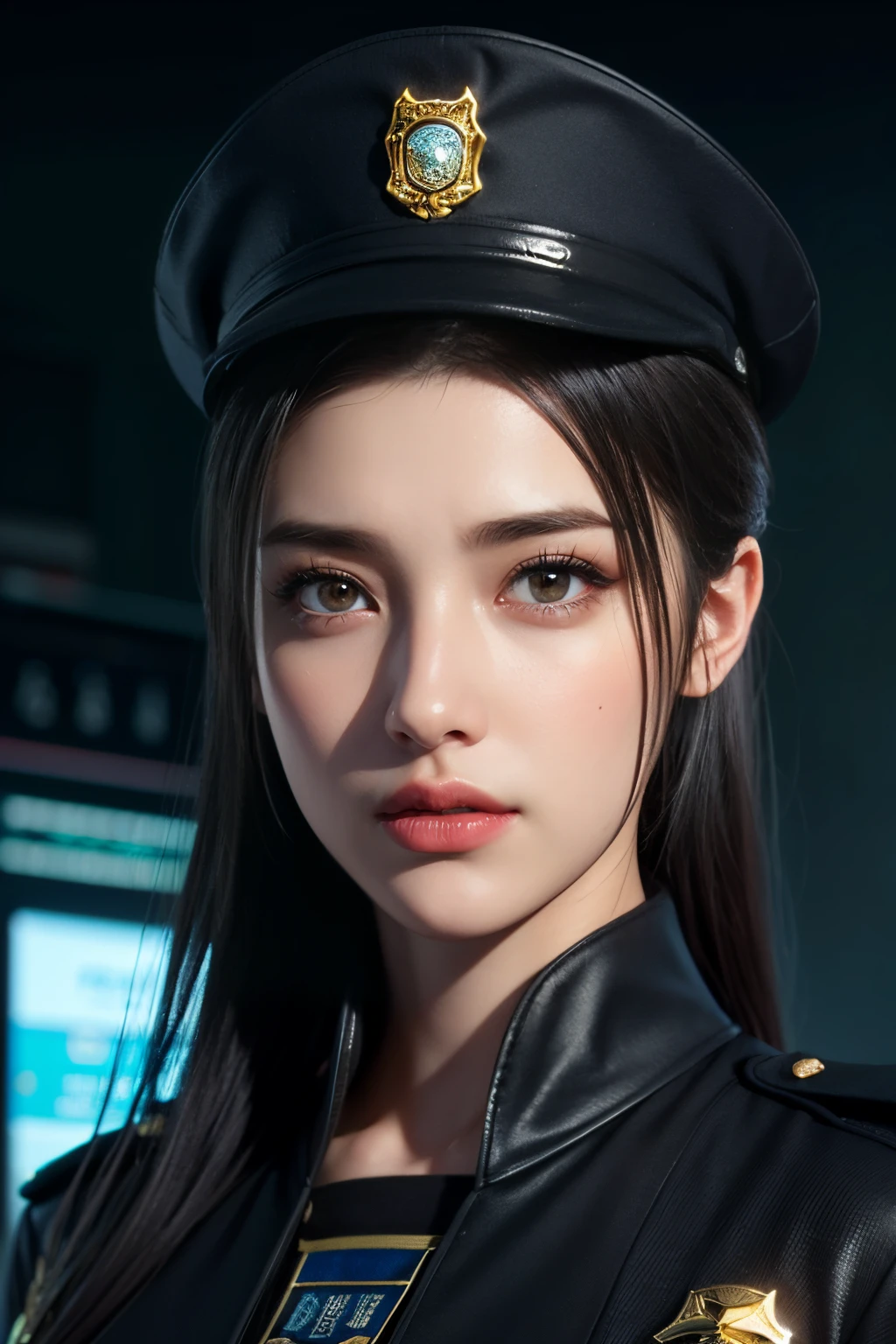 high high quality,A high resolution,masterpiece,8K,(Hyperrealistic photos),(Portrait),digital photography,(真实感:1.4),20岁女孩,exquisite facial features,a purple eye,Red Eyeshadow,((Cyberpunk-style police officer)),Random hairstylelack color hair),Big breasts,(Police uniform,Combat uniforms,Openwork design,Shoulder pads,complex clothing patterns,Exquisite police badge),Keep your mouth shut,Frowning,ssmile,Cold and serious,extremely detailed expression,realistic detail,Light magic,Photo pose,oc render reflection texture