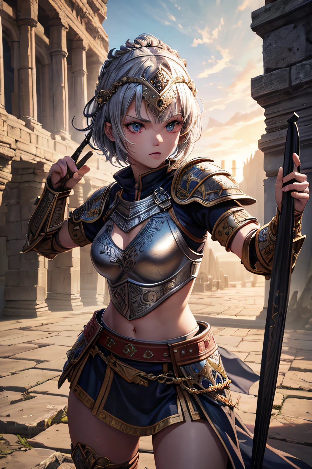 young teen girl, ancient rome gladiator, evil look,,combat stance, wielding a spear and shield, ancient gladiator armor, highly detailed, ancient colloseum in background, short hair, vibrant appearance, creative behavior, extremly detailed, imaginative, sensual, spontaneous, highest quality, skin texture, intricate details, (cinematic lighting), RAW photo, 8k, masterpiece,best quality,ultra-detailed,very detailed illustrations,extremely detailed,intricate details,highres,super complex details,extremely detailed 8k cg wallpaper,