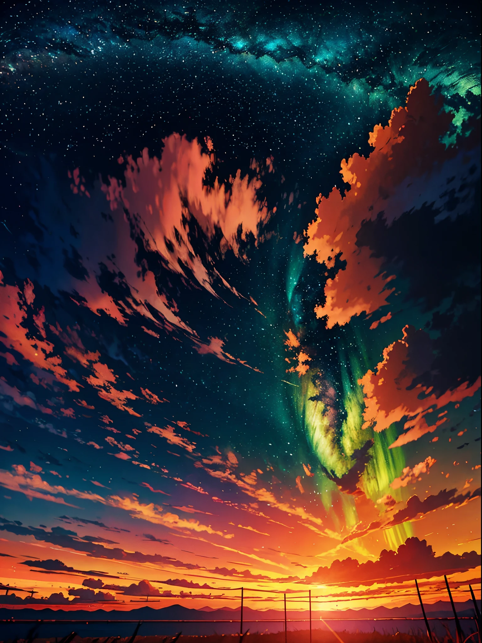 anime style digital painting landscape of a horizon with sunset and northern lights Enchanting, Epic, Atmospheric,Soft and warm light of the sunset Low angle, highlighting the horizon Palette of soft tones such as pink, orange and blue