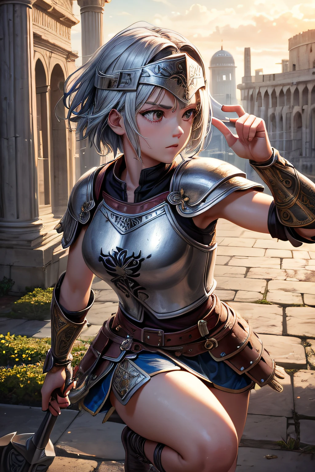 , ancient roman centurion, evil look,,combat stance, wielding a spear and shield, ancient armor and helmet, highly detailed, ancient colloseum in background, short hair, vibrant appearance, creative behavior, extremly detailed, imaginative, sensual, spontaneous, highest quality, skin texture, intricate details, (cinematic lighting), RAW photo, 8k, masterpiece,best quality,ultra-detailed,very detailed illustrations,extremely detailed,intricate details,highres,super complex details,extremely detailed 8k cg wallpaper,