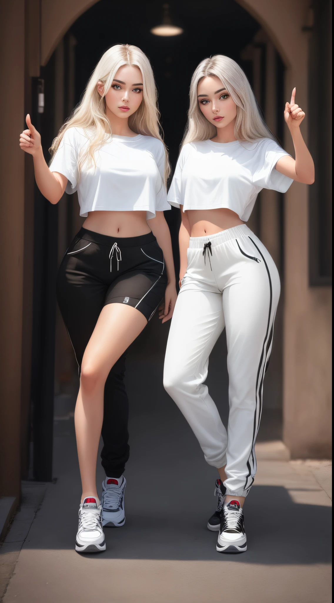 1 girl named Sarah with long blonde gray hair, dyed loose hair, Long hairstyle, perfect detailed face, Detailed symmetrical green eyes with a round iris, Beautiful, Walking and posing, Look at the observer, 19-year-old girl, looks like Madison Beer, extremely detailed face, Model, Realistic, Real life, perfect photorealistic picture, Realistic, , hourglass figure, Stunning realistic photography, Detailed fingers, detailed realistic face, Soft fingers, real human nails, Extremely attractive girl, perfect detailed tan, small eyes, perfectly detailed face with realistic complexion and finely porous skin, small nose, Model, Perfect posture, Natural limbs, long legs, detailed symmetrical eyeballs, symmetric eyes, Realistic eyeballs, Realistic detailed eyes, cute plump closed lips, makeup, no long neck, no long waist, Perfect proportional body, seductive gaze, Looking in the direction of the viewer, Fascinating facial features, ah high, two arms, Two legs, one head, tiny breasts, realistic natural bodies, realistic shadows, Mystical epiphany, 8K, UHD, ((body facing the viewer, Pointing at the camera)), "wide-angle", Full-body shot, full pose, photo studio white background, seduce a little, Cinematic world, Cover photo in the center of Hipereallistic, Stunning full-color, Cinematic, neoprene, behance contest winner, portraite of a, presented at UnsplasH, stylized digital art, Smooth, extra high resolution, Wearing an oversized white T-shirt and black Acronym J36-S sweatpants... (T-shirt only white), black and white sneakers, instagram model, 80mm ,  Streetwear , Realistic,round ass