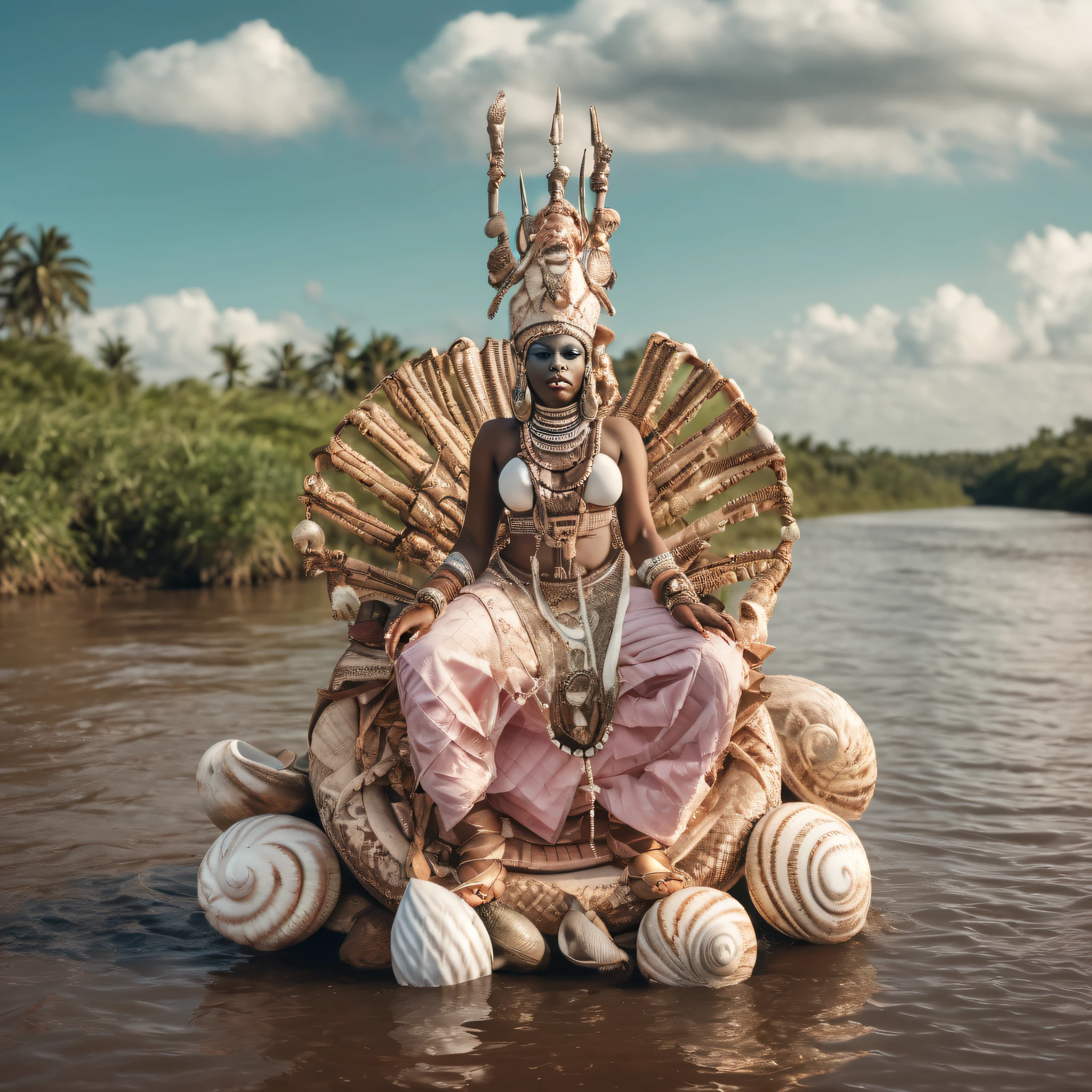 Deusa Africana Cobra, tiro de corpo inteiro, Estilo de filme de 1980, (gordura) corpo, moda afrofuturismo, moda, mulher grossa, uma rainha cobra africana usando um vestido tradicional africano sentada em um ((Trono de cobra no rio)), gordura, Detalhes africanos, ((cara bonita)), white and pink aesthetic, ((conchas do mar cauri)), luxo, Colares, ((Fundo do rio:1.5)), orisha, jewelry made from sea shells, design de arte digital, circunstanciado, dramatic lighting, fotorrealista, trending on ArtStation, textura de pele realista