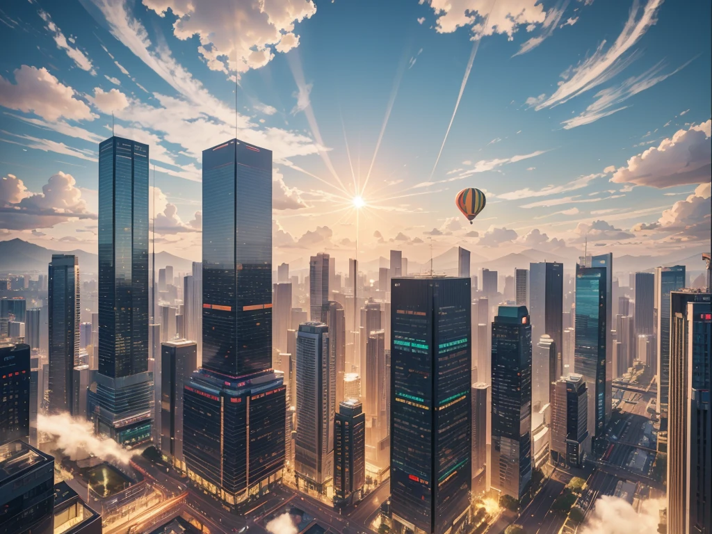 5 large white balloons,((A cylindrical device hangs beneath the balloon)),Balloon reflects sunlight,globalillumination, cellshading, Octagon rendering, 8K, iintricate, cool colours, rays of sunshine,suns,rays of sunshine,light and shadow effect,high house,Exhaust emissions,Cantonese,Guangzhou,The Car,城市,down town,streetview,the street,traffic light,zebra crossings,pedestrians,crowd of,in style of kyoto animation,Kyoto Animation,citypop
