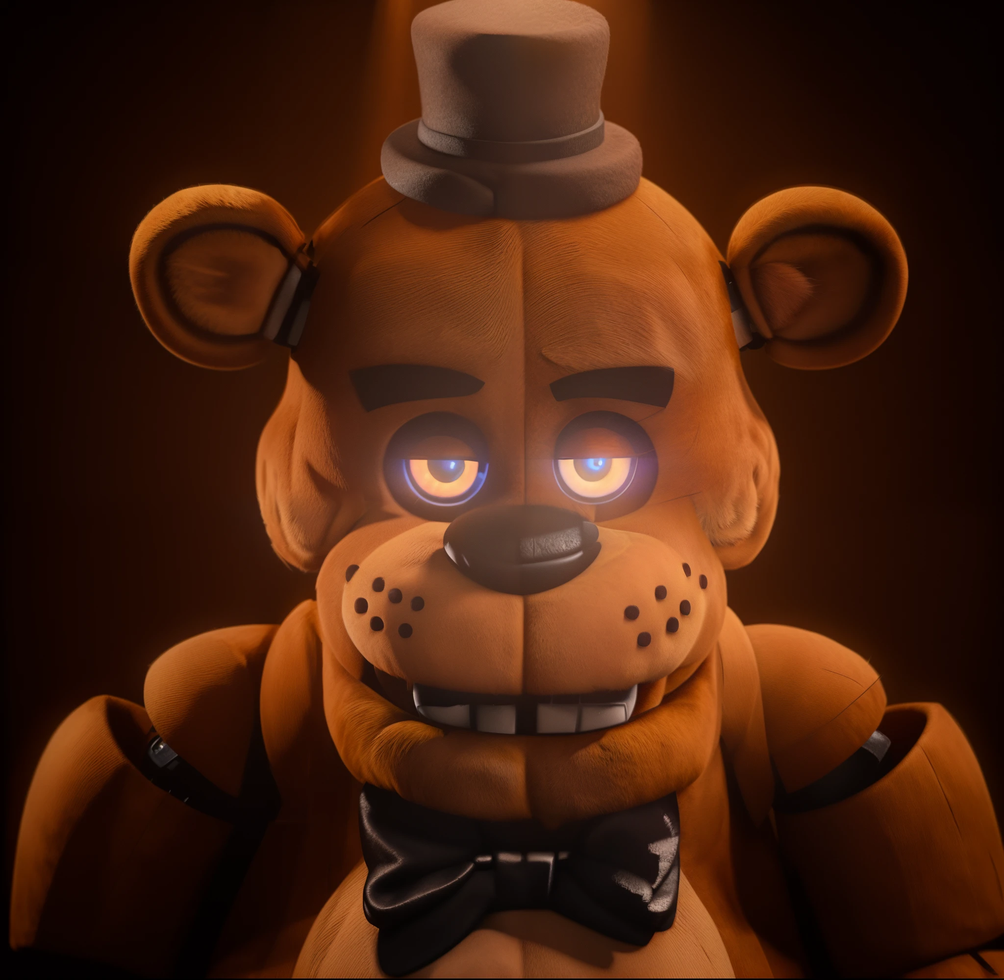 portrait of freddy fazbear, bear character, realistic animatronic costume, animatronic, cartoon character with a top hat, black hat, bow tie, horror creepy atmosphere, eyes are shining, rim light, detailed fabric textures, glossy costume, reflective, best quality, 4k, masterpiece:1.2, ultra-detailed, realistic, vivid colors, dark and moody lighting, The image of the highest quality, ensuring every detail showcased perfectly. It in 4k resolution, allowing viewers to immerse themselves in the richness of the colors and intricate details. The realistic rendering. under the spotlight, reflecting, high-resolution image, realistic rendering, dark background, and rim light.