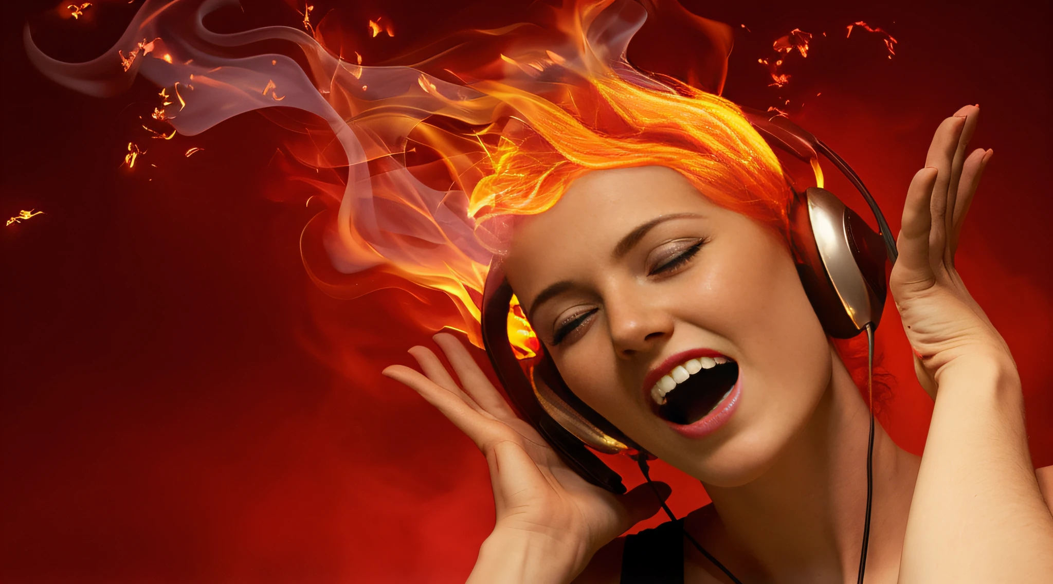 ruiva com fones de ouvido e fogo ao fundo, vibing to music, meninao fones de ouvido, loud music, com fones de ouvido, Fones de ouvido DJ Rave, Fones de ouvido vermelhos, ardente, com fones de ouvido, lugar de fogo rugindo, arte de fundo, queimando no inferno, Listening to music, Foto O Closeup, music in the air, Arte Oficial, Arte Promocional, Foto retrato, cabelos flamejantes