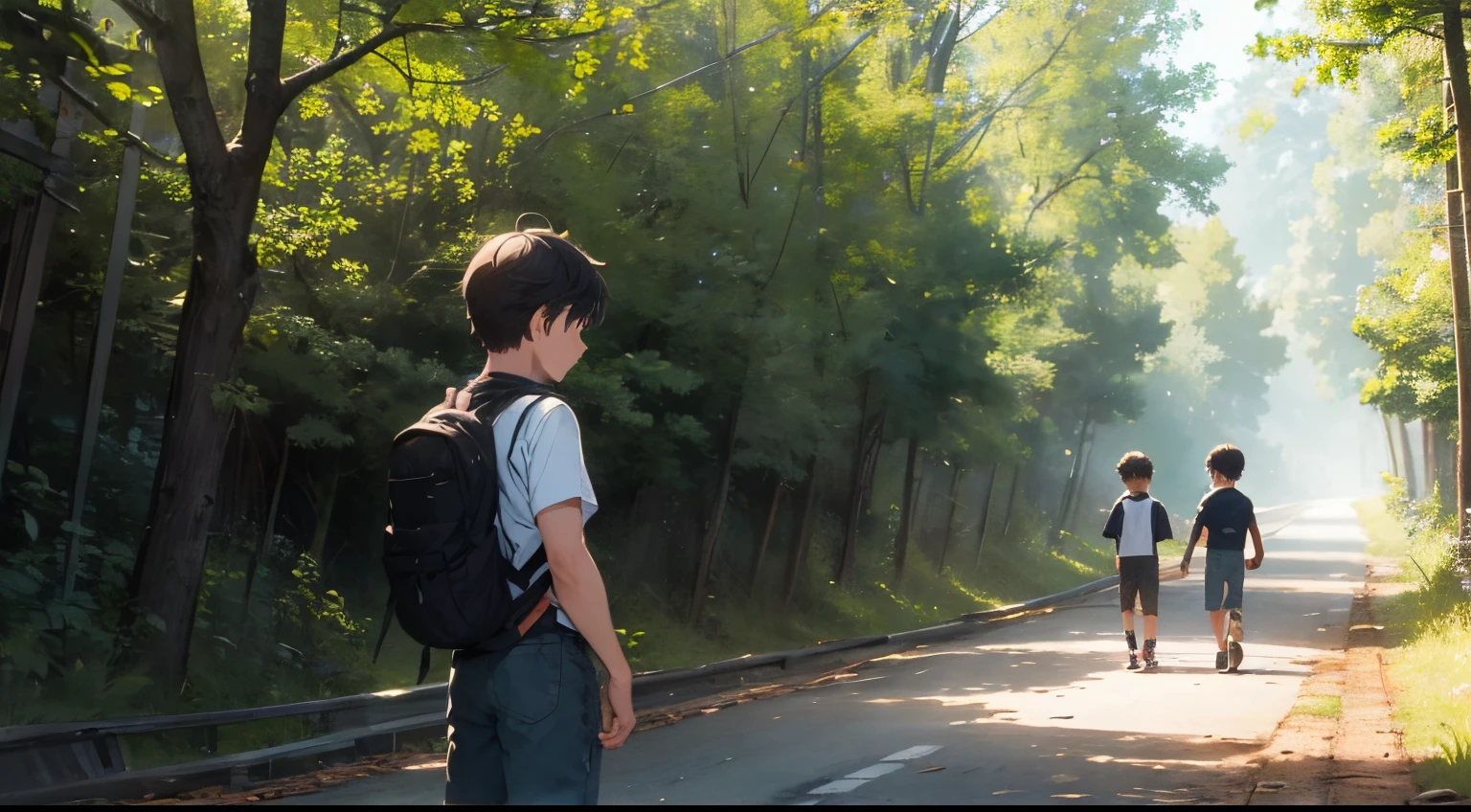 A boy is standing upset on a forest road and a girl is leaving him