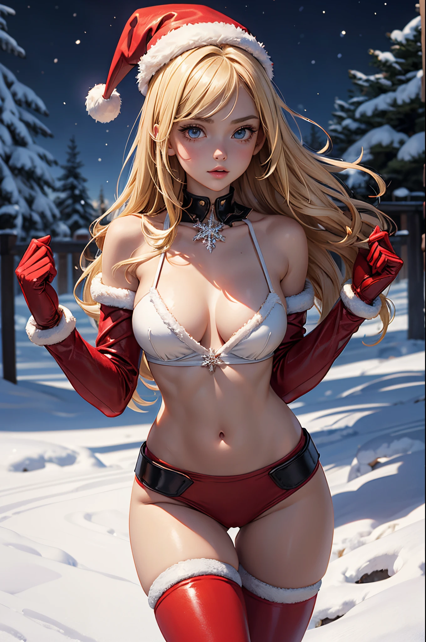 (masterpiece), (best quality), (detailed), light layer, 1solo girl, young girl, perfect body, blonde hair, defined chest, defined collarbone, ultra realistic, photorealistic, detailed, ,Enhance, wearing a santa suit with thigh high red boots and santa cap, outside, black of night, snowflake pattern,